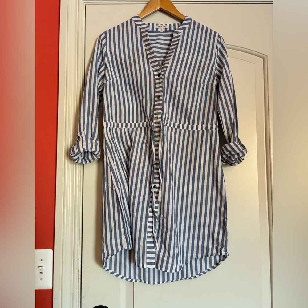 BLEU CIEL Blue and White Striped Shirt Dress. Size Small. 100% Cotton.